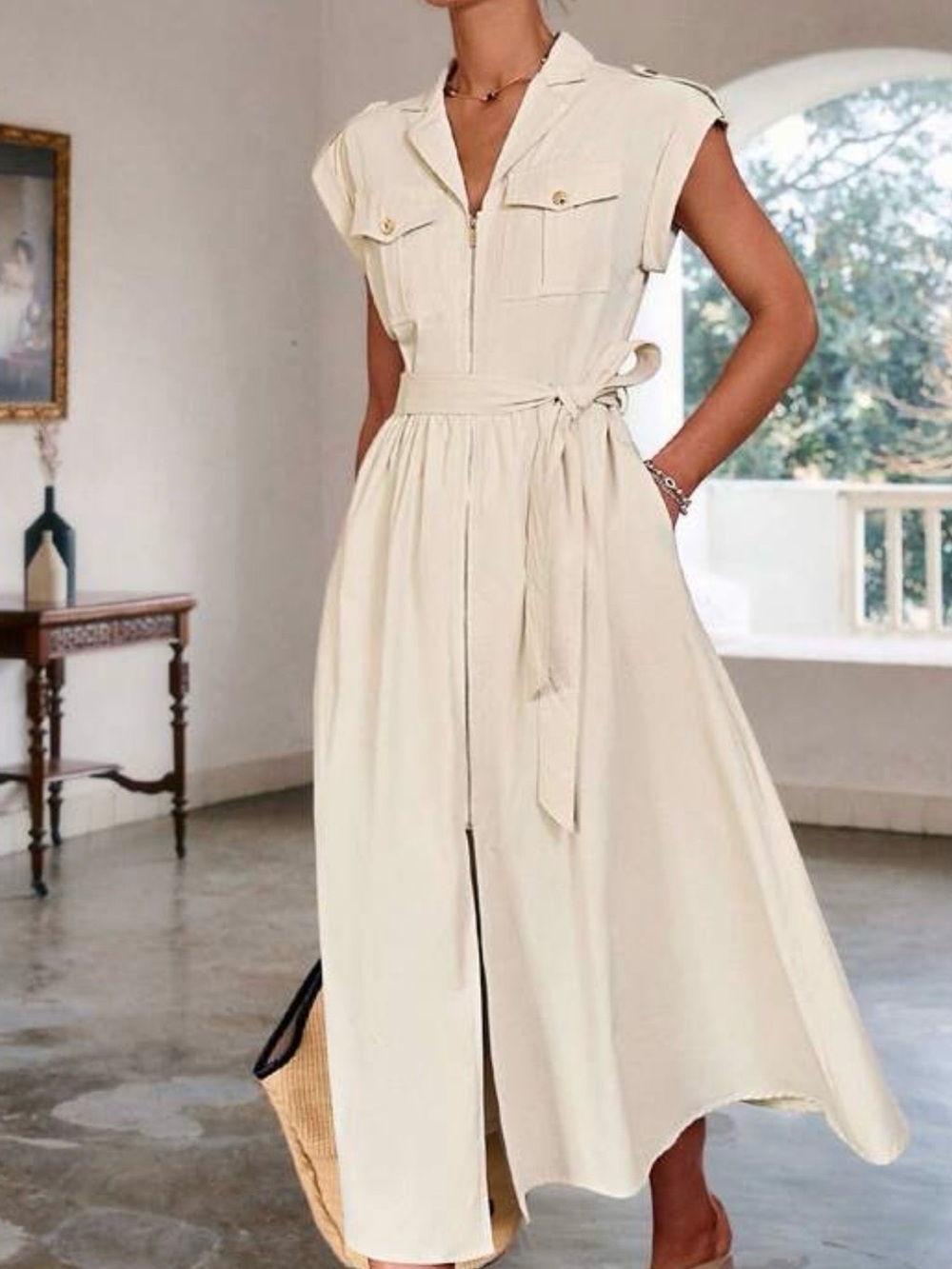 Sleeveless Cream Shirt Midi Dress with Waist Tie